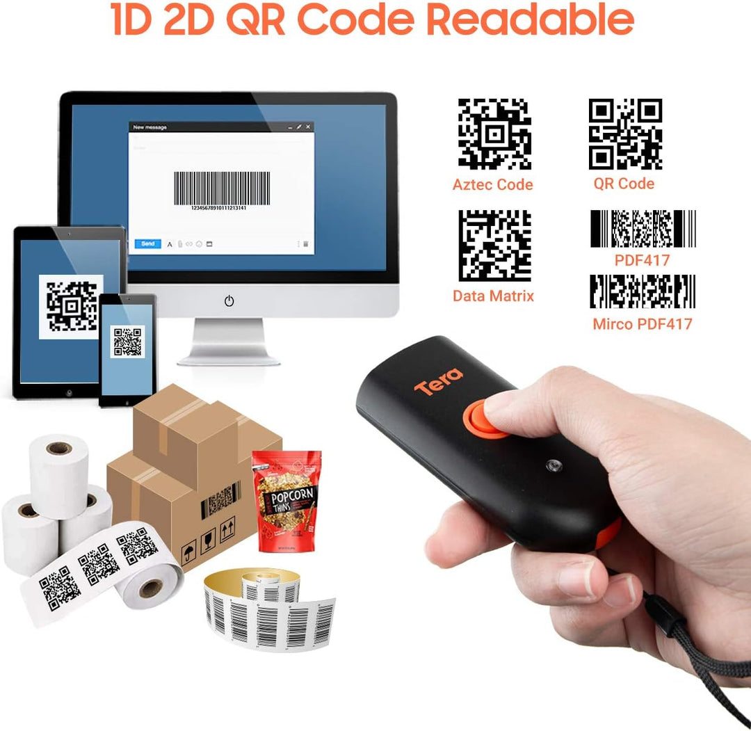 Tera Mini Tragbarer Barcode-Scanner CMOS Barcodescanner 3-in-1 Bluetooth & USB-Kabel & 2,4G Wireless