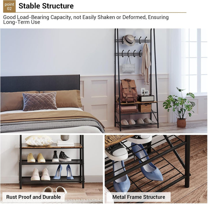 GarveeHome Garderobenständer, 4-in-1 Kleiderständer mit Schuhablagen und 10 Abnehmbare Haken, 64x29x