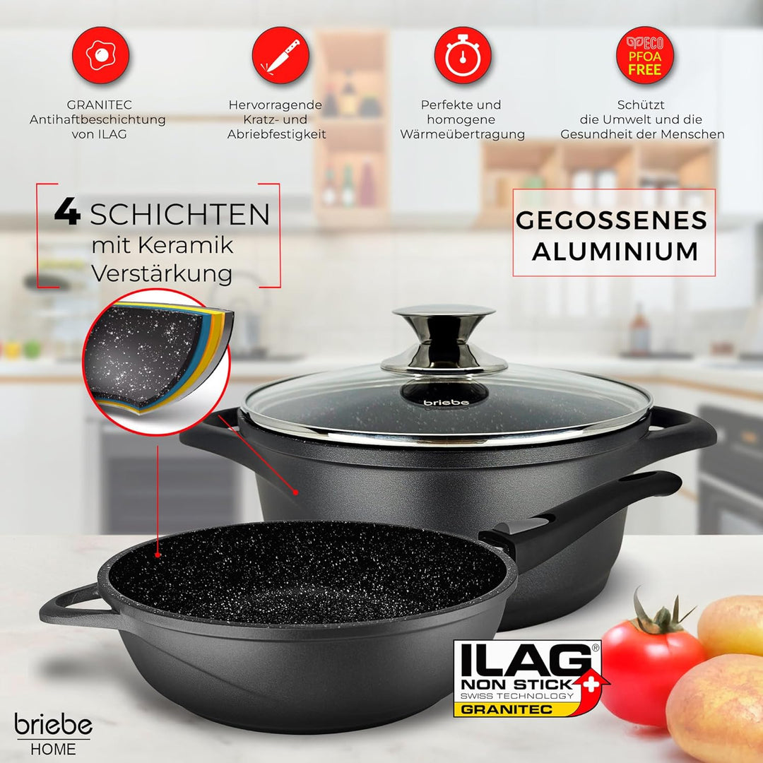 briebe Induktions-Kochgeschirr, 12-teilig, Set mit 4 Töpfen aus Aluminiumguss + 2 Pfannen, Antihaftb