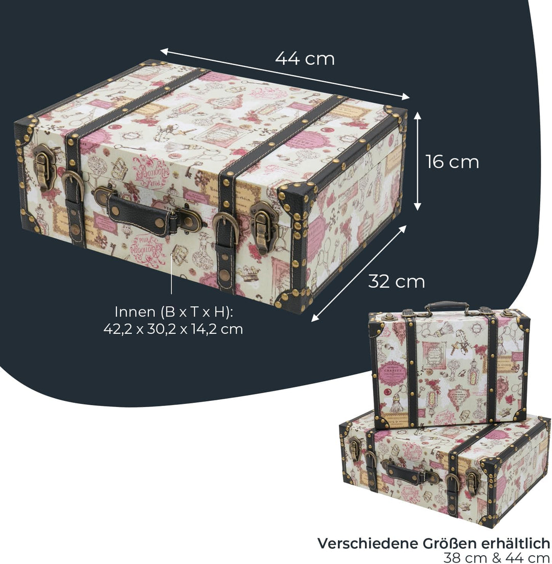HMF Vintage Deko Koffer aus Holz, Aufbewahrungsbox mit Deckel und Ledergriff, stilvolle Aufbewahrung