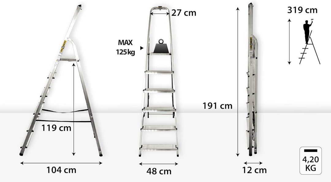 DRABEST Trittleiter Klappbar Alu Leiter 6 Stufen Stehleiter Haushaltsleiter Belastbar bis 125 kg Meh