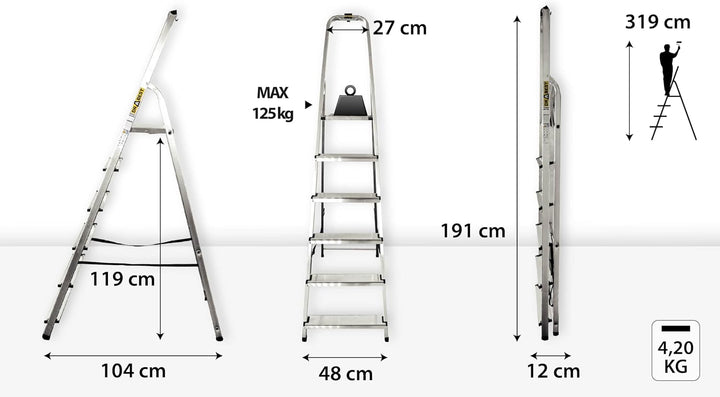 DRABEST Trittleiter Klappbar Alu Leiter 6 Stufen Stehleiter Haushaltsleiter Belastbar bis 125 kg Meh