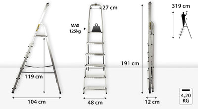 DRABEST Trittleiter Klappbar Alu Leiter 6 Stufen Stehleiter Haushaltsleiter Belastbar bis 125 kg Meh