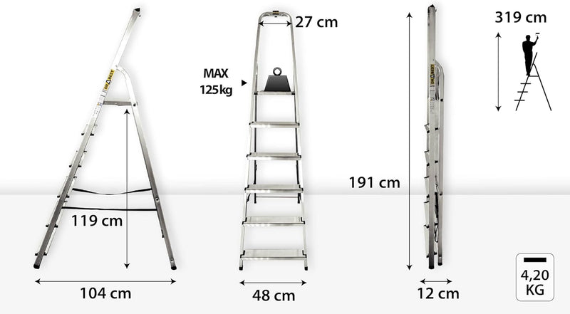 DRABEST Trittleiter Klappbar Alu Leiter 6 Stufen Stehleiter Haushaltsleiter Belastbar bis 125 kg Meh