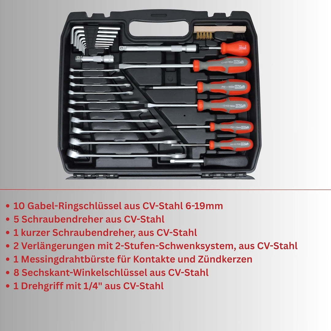 FAMEX 144-50 Werkzeugkoffer gefüllt bestückt mit hochwertigem Werkzeug Set - mit Steckschlüsselsatz,