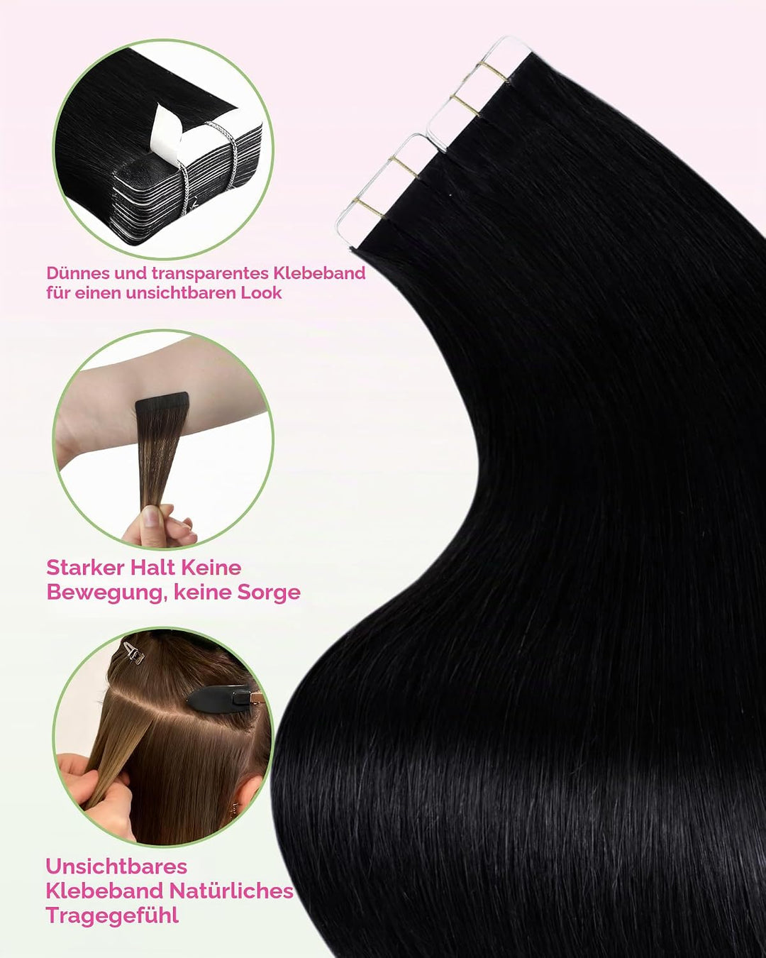 YoungSee Echthaar Extensions Tape Schwarz Tape Extensions Echthaar Schwarz Tape in Extensions Echtha