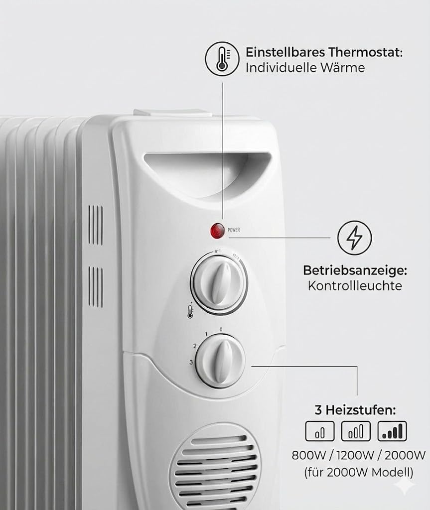 Ölradiator 2000W / 2500W | Mobiler Heizkörper mit Thermostat & 3 Heizstufen | Energiesparender Radia