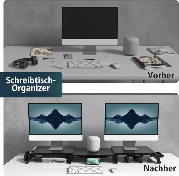 Fenge Dual Monitorständer mit Schubladen und Stauraum, Bildschirmständer aus MDF für Computer TV Lap
