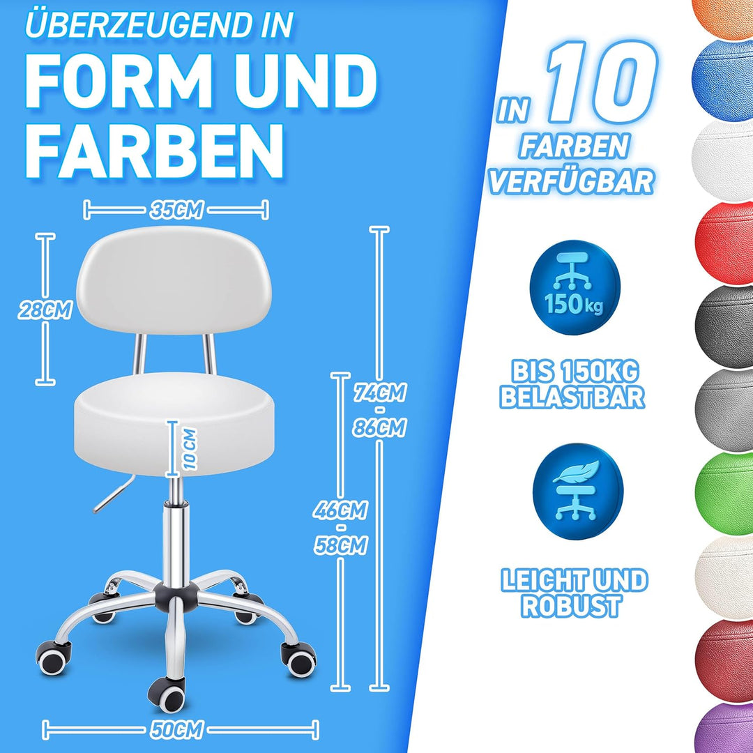 TRESKO® Rollhocker mit Lehne Weiss | Arbeitshocker höhenverstellbar 46-58 cm | Drehhocker mit Rollen