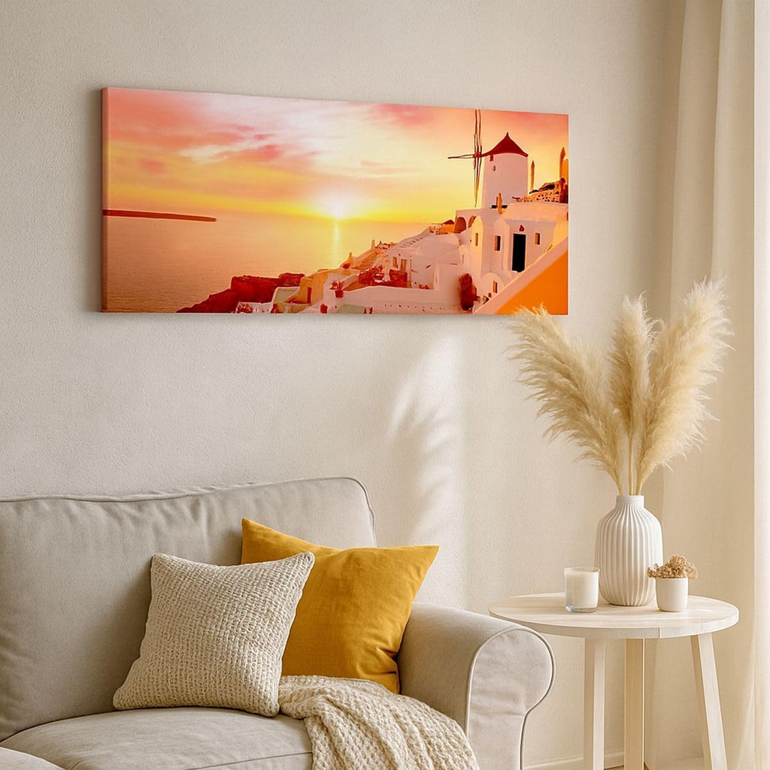 Wandbilder Dekoration Wohnzimmer Santorini Griechenland Urlaub Panorama Bilder auf Leinwand 120x50cm