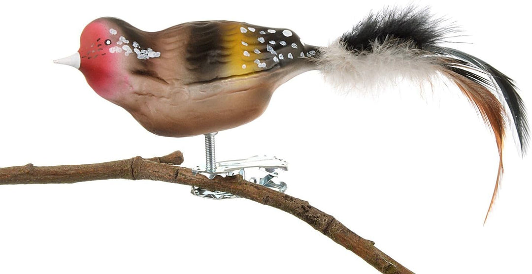 Birds of Glass® Glas-Vogel, Stieglitz mit Naturfeder, Glasschmuck Made in Germany aus eigener Herste
