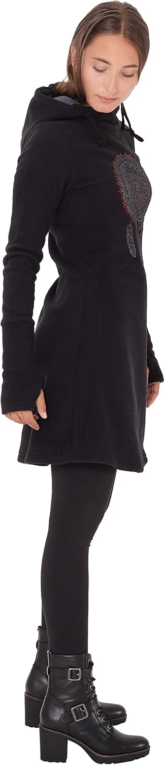 PUREWONDER Damen Kleid Fleecekleid mit Traumfänger und Kapuze dr31 S Schwarz, S Schwarz