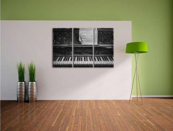 Pixxprint Antikes Klavier mit Notenblatt Kohle Zeichnung Effekt 3-Teiler Leinwandbild 120x80 Bild au