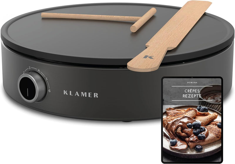 KLAMER Crepes Maker, Grosse Backfläche mit 33cm Ø, antihaftbeschichtete Platte, inkl. Teigverteiler