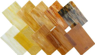 Lanyani Buntglasplatten, 10,2 x 15,2 cm, Tiffany-Glas, gemischte Texturen, 10 Blatt Bernstein, Berns