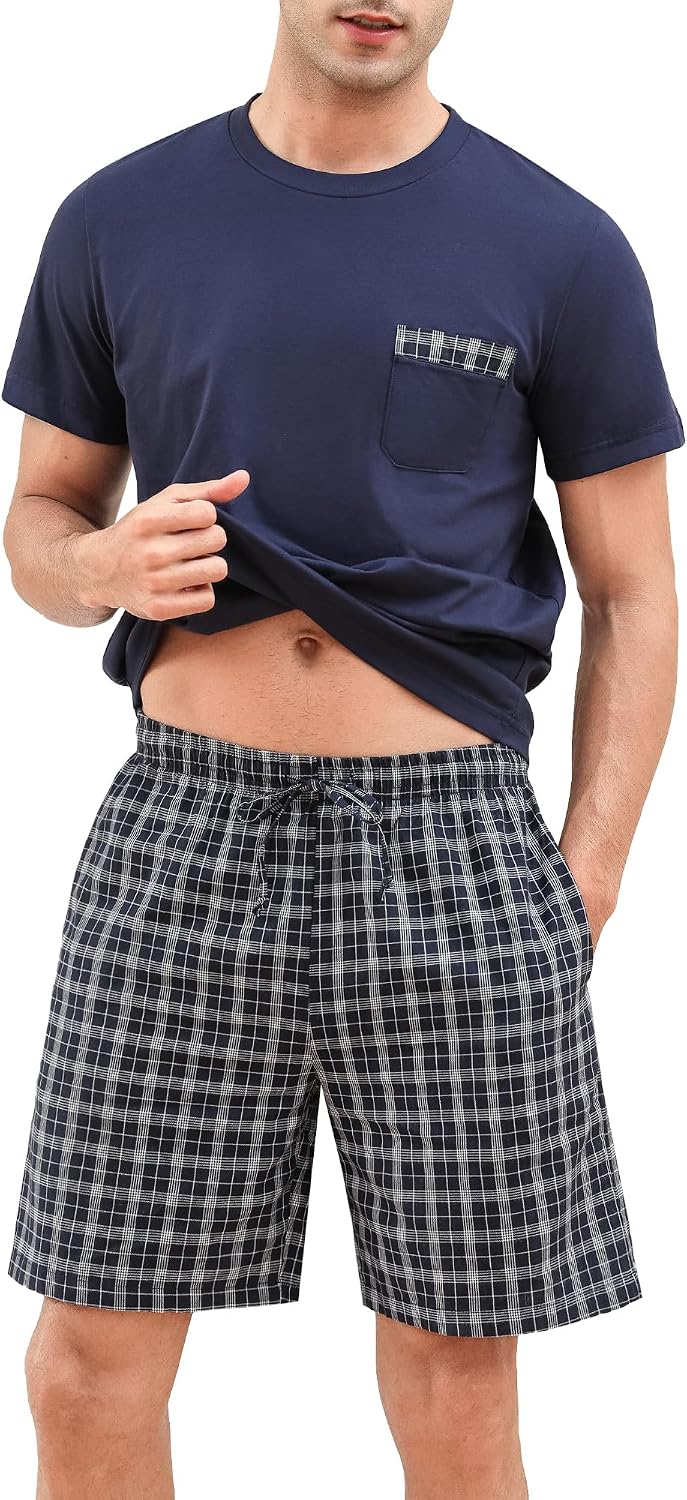 Schlafanzug Herren Kurz Pyjama 100% Baumwolle Kurzarm Nachtwäsche Nightwear Set mit Rundhals Design