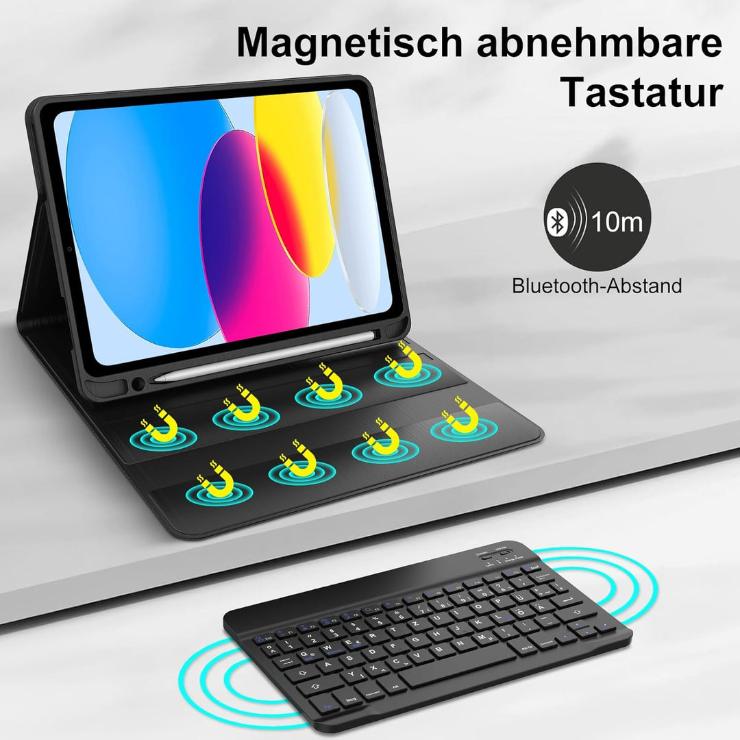 IVEOPPE Hülle Tastatur für iPad A16 11/10 Generation (2025/2022, 11/10.9 Zoll), QWERTZ Layout Keyboa