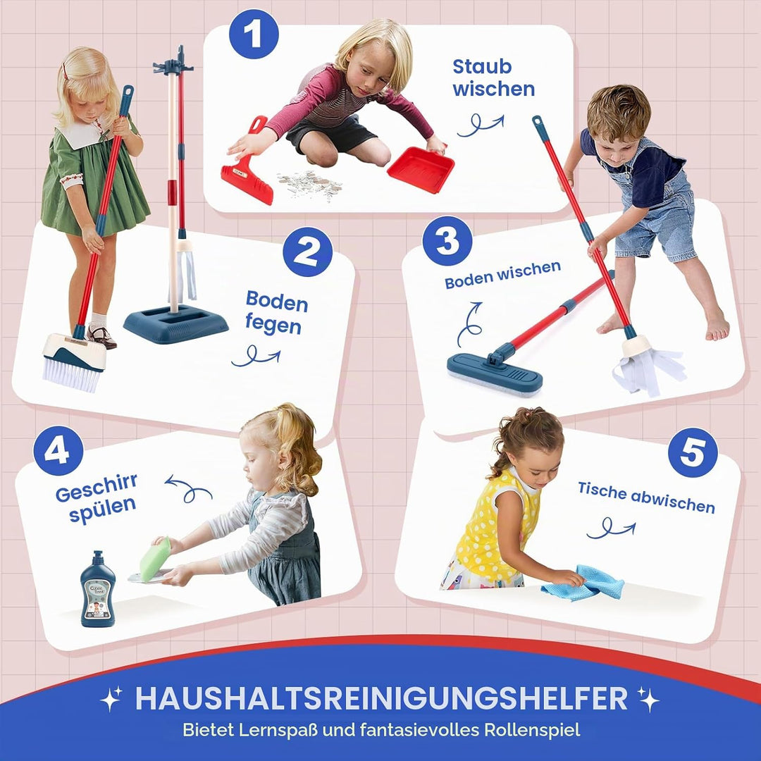 Jenilily Kinder Putzset, Besen mit langem Stiel, Kehrschaufel, Handfeger, Wischmopp Set mit Ständer