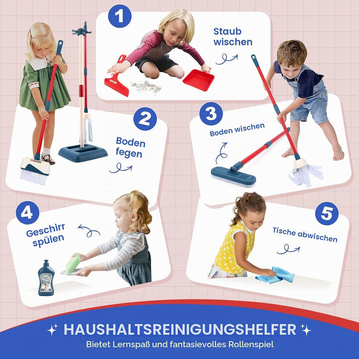 Jenilily Kinder Putzset, Besen mit langem Stiel, Kehrschaufel, Handfeger, Wischmopp Set mit Ständer