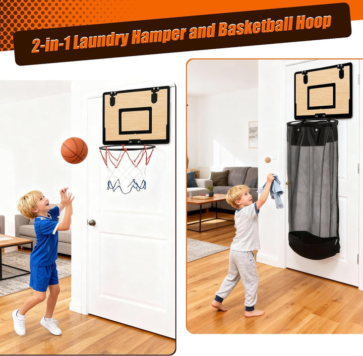 2-in-1 Basketballkorb Wäschekorb Hängender Mini Basketball Korb Tür Wäschesammler aus Holz mit Reiss