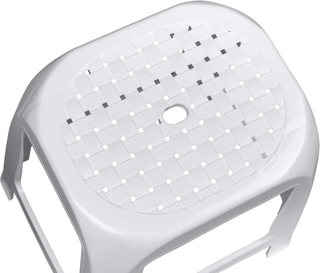 Kreher Hocker aus Kunststoff in Weiss. Sitzfläche im Rattan Design. Ideal für Dusche, Bad und Hausha