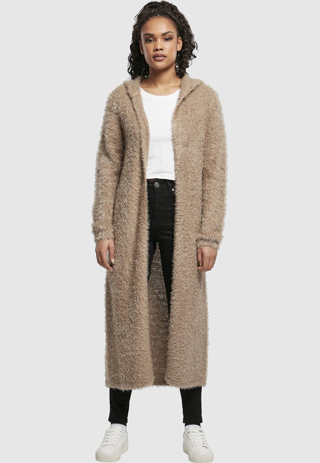 Urban Classics Damen Strickjacke Ladies Hooded Feather Cardigan, knielange Jacke für Frauen in 5 Far