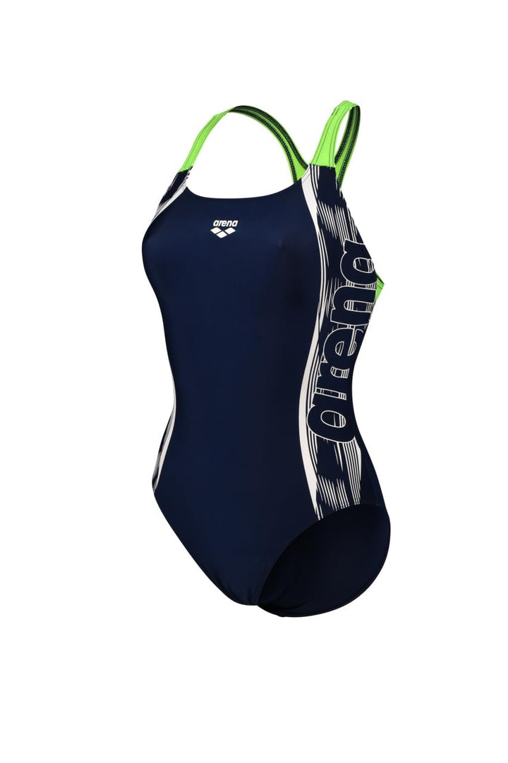 ARENA Damen Women's Swim Pro Back Graphic One Piece Swimsuit (1er Pack) 36 Navy-soft Green, 36 Navy-