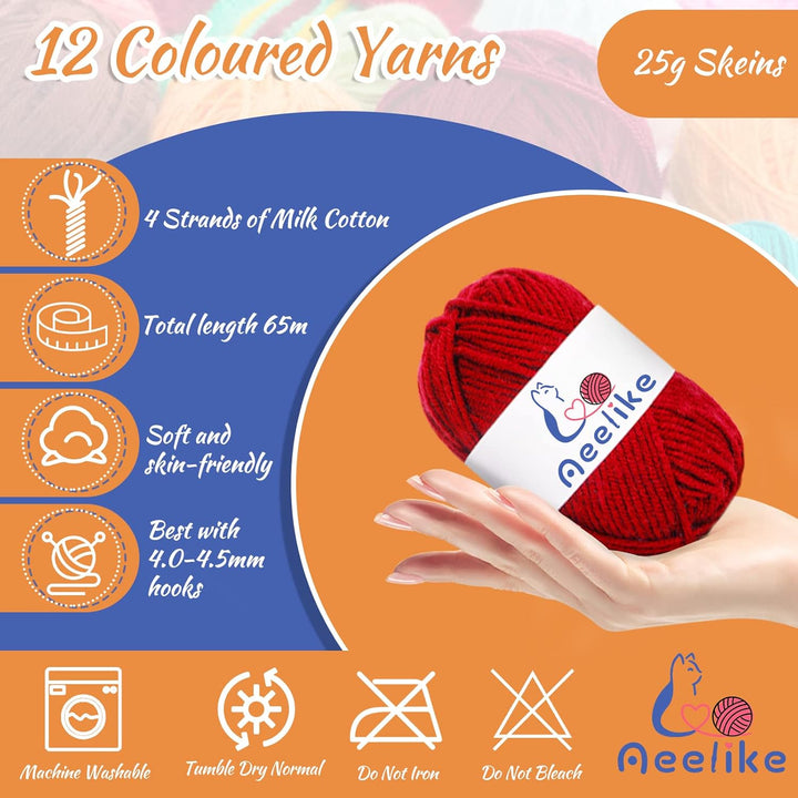 Aeelike Häkelnadel Set mit Häkelgarn in 12 Farben, Nützliches Starter Häkelset für Anfänger, Kinder,
