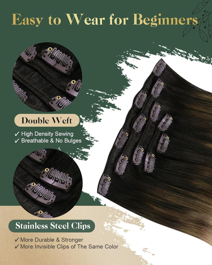 Ugeat Clip in Extensions Echthaar Balayage Braun Glatt Clip in Haarverlängerung Mittelbraun Balayage