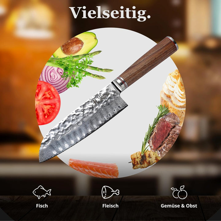 Wakoli Nussbaum Exklusives Premium Damast Santoku Messer 17,50 cm extrem scharfe Klinge I Profi Koch