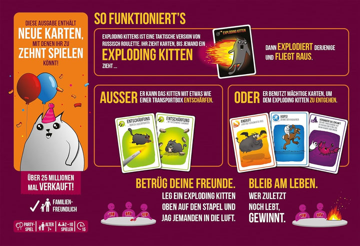 Exploding Kittens, Exploding Kittens – Party-Pack (Auflage 2024), Grundspiel + Erweiterung, Partyspi