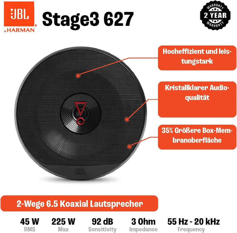 JBL Stage3 627 2-Wege Auto Lautsprecher Set von Harman Kardon - 225 Watt KFZ Autolautsprecher Boxen