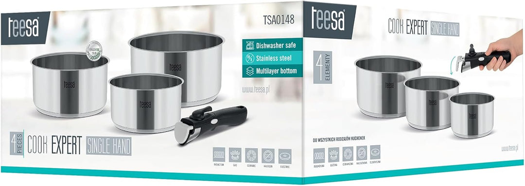 Teesa Topfset mit Abnehmbarem Griff COOK EXPERT SINGLE HAND Edelstahl Typ 18/10 Alle Herdarten TSA01