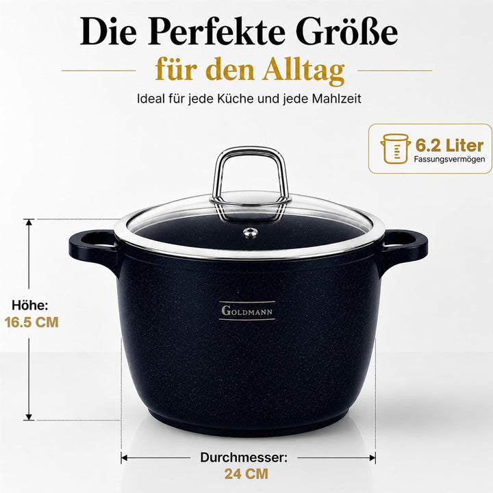 GOLDMANN 24 CM Aluguss-Kochtopf/Suppentopf (6.2L) mit Glasdeckel, Marmor-Keramik-Antihaftbeschichtun