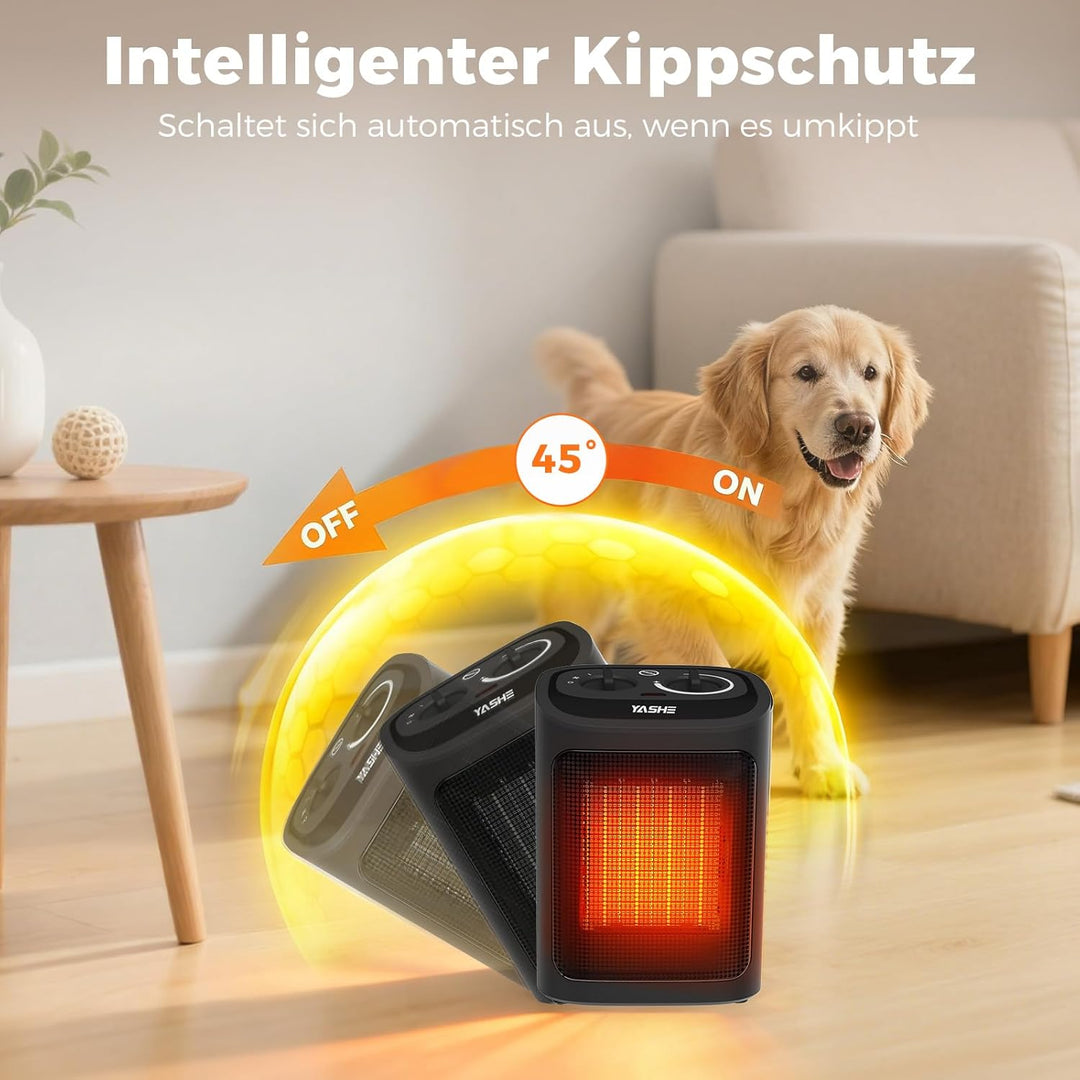 YASHE Elektroheizkörper 1500W, PTC Keramik Heizlüfter mit Thermostat, 2 Heizstufen + Ventilatormodus