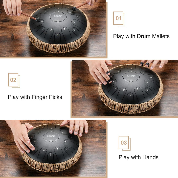 LEKATO Tongue Drum 13 Zoll 15 Noten, Anfänger/Professional Zungentrommel Schlagzeug mit Tragetasche,