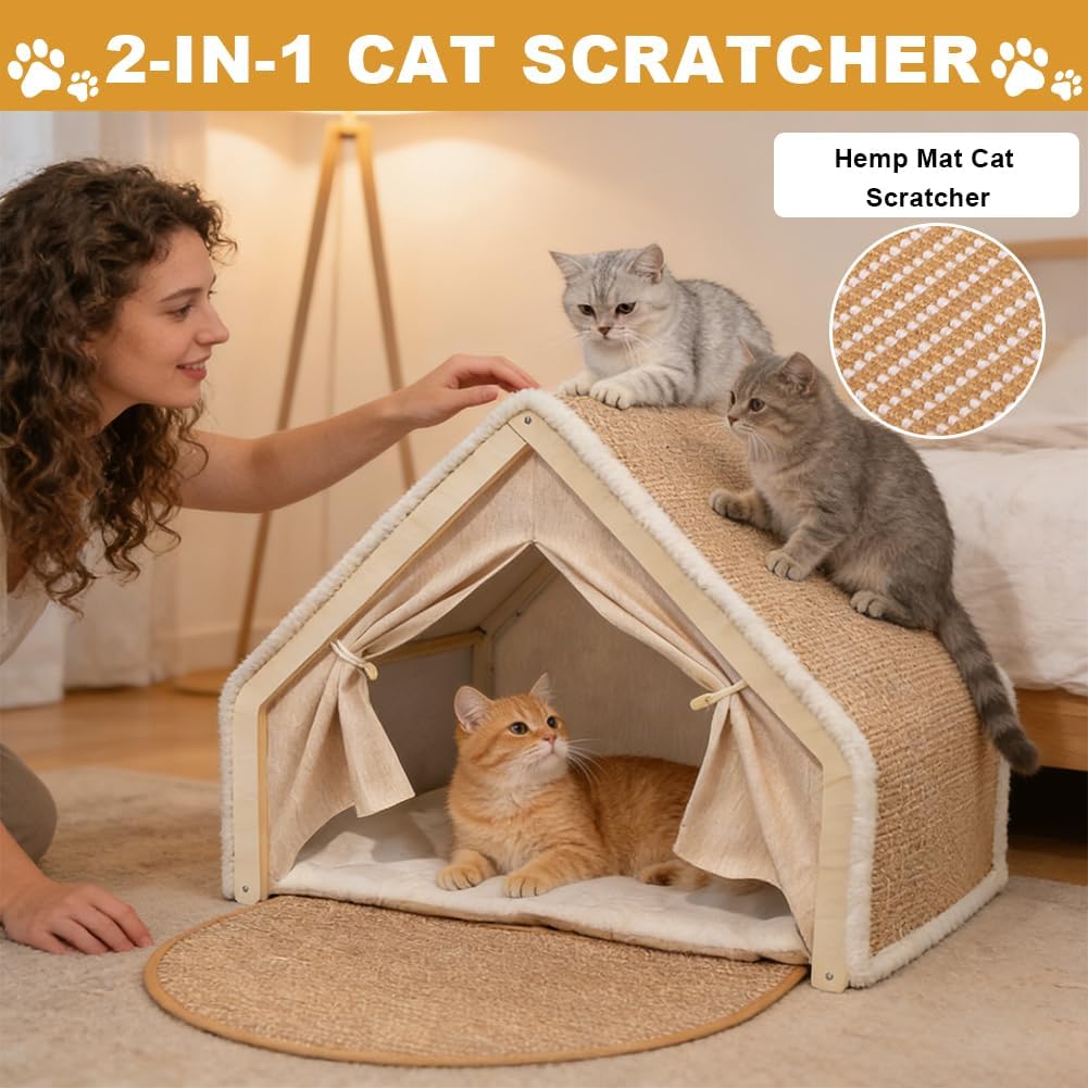 Katzenhaus mit Sisal Kratzbrett, 2-in-1 Holz Katzenzelt, Indoor Katzenhöhle für 2 Katzen, Atmungsakt