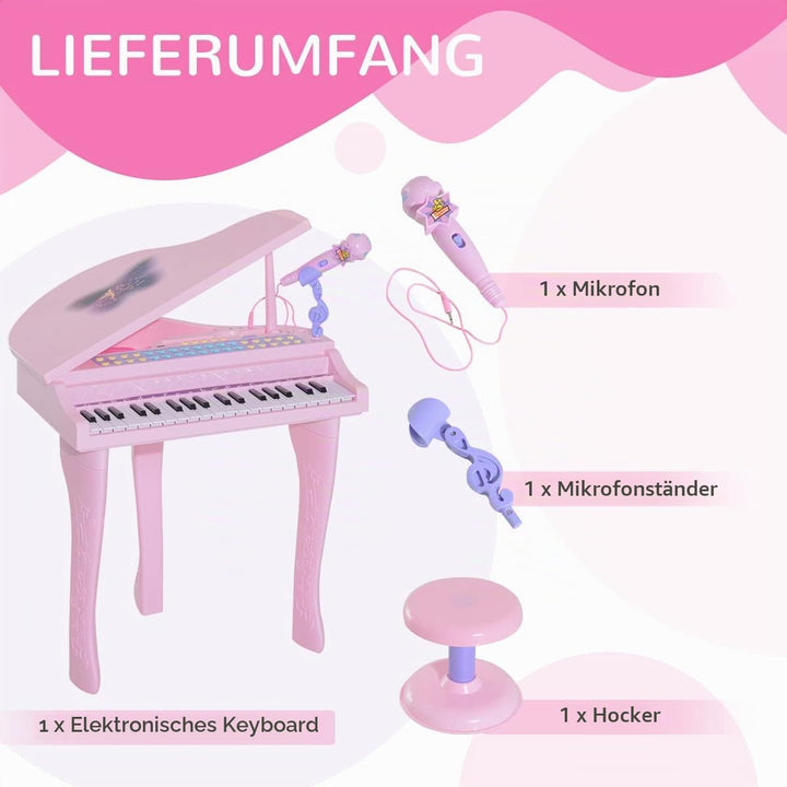 HOMCOM Kinder Klavier Mini-Klavier Piano Keyboard Musikinstrument MP3 USB inkl. Hocker 37 Tasten Ros