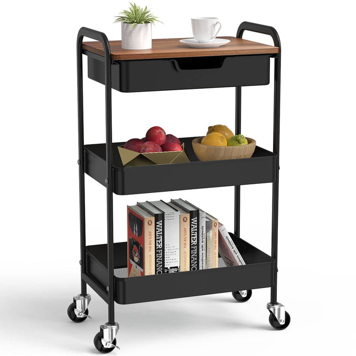 Shrivee 3-Tier Küchenwagen mit Tisch und Schublade, Allzweckwagen, Metallnutzungen Rollwagen, Regalw