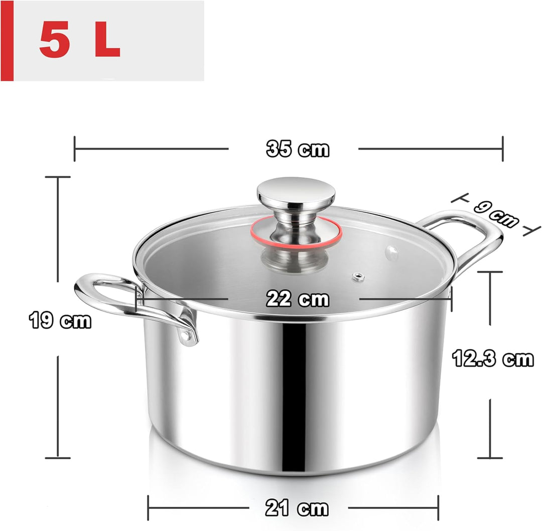 Kochtopf, Herogo Edelstahl Kochtopf Induktion mit Glasdeckel, Ø 22 cm / 5 L Suppentopf Fleischtopf N