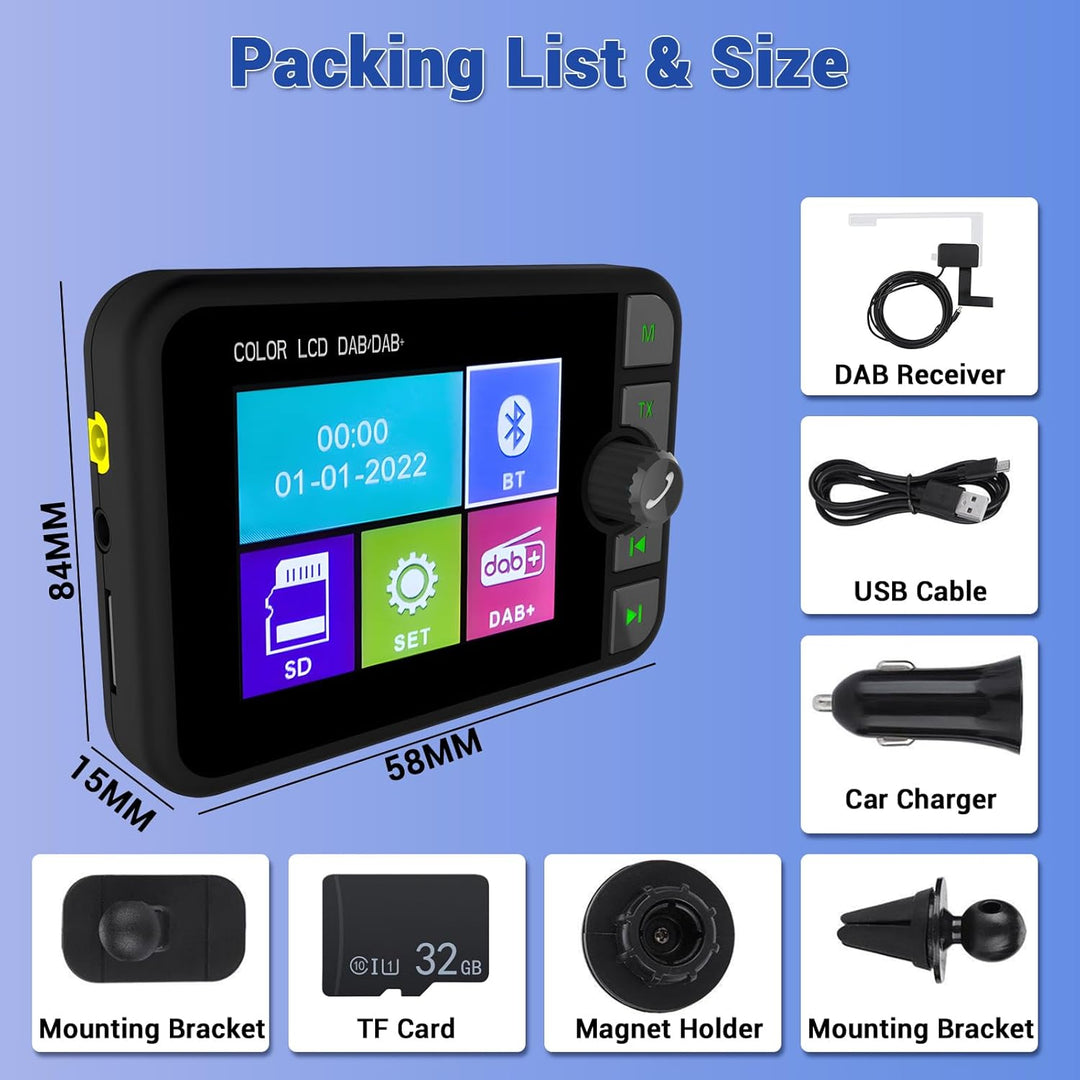 Digitalradio DAB DAB+ Adapter für Autoradio, 2,4 Zoll LCD Display mit Musik Bluetooth + DAB/FM Trans