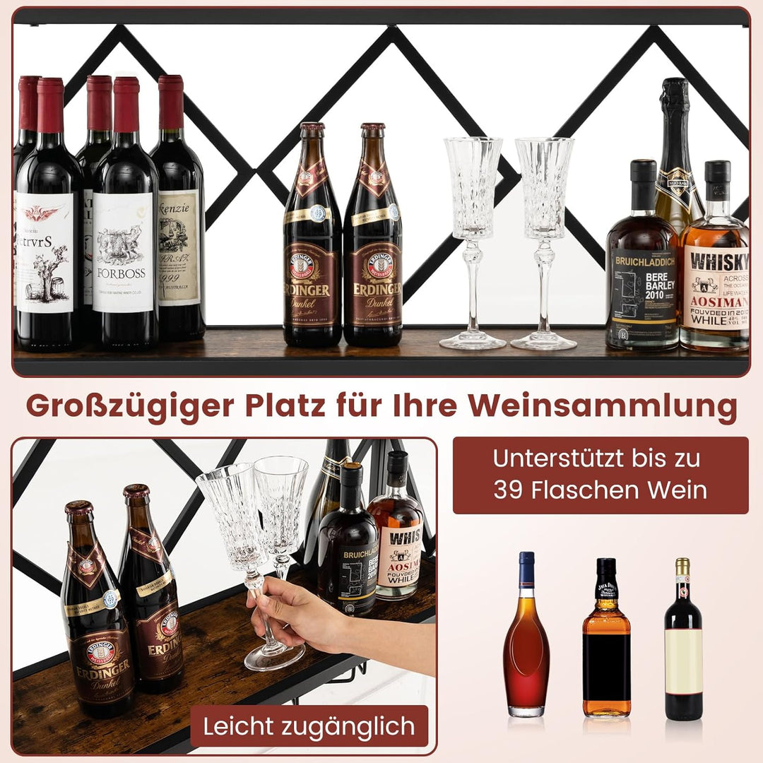 COSTWAY Weinregal Wand, 2 Ebenen Flaschenregal Holz mit Metallrahmen, mit 6 Reihen Weingläserhalter,