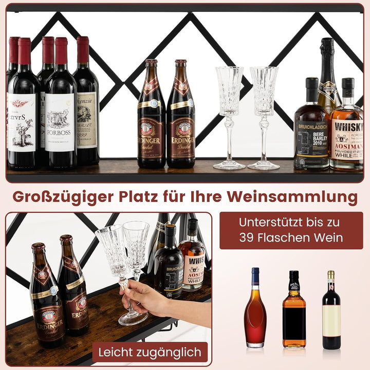 COSTWAY Weinregal Wand, 2 Ebenen Flaschenregal Holz mit Metallrahmen, mit 6 Reihen Weingläserhalter,