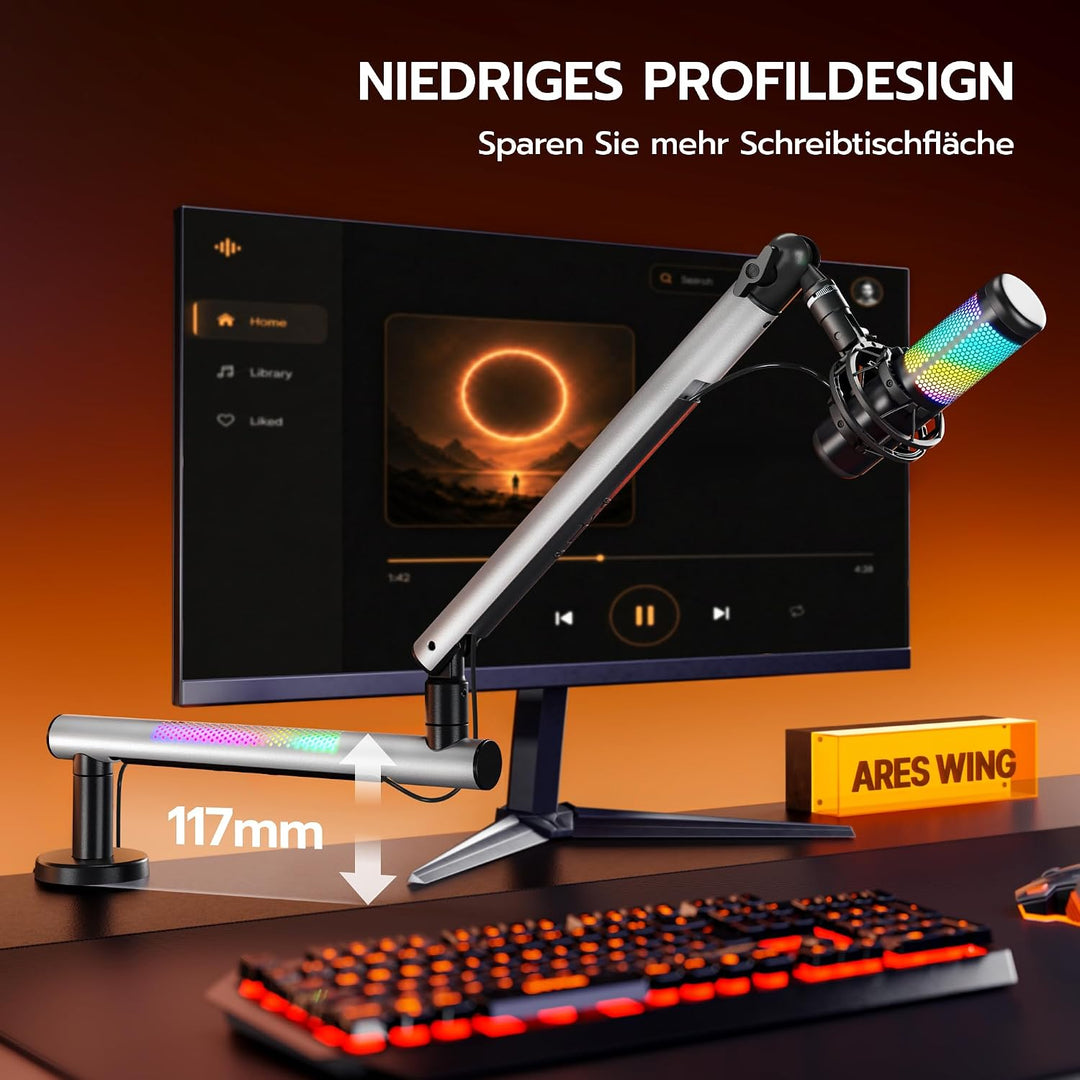 ARES WING Gaming Mikrofon Arm mit RGB Licht, Mikrofonständer mit 360° drehbarem Schwenkarm, kompatib