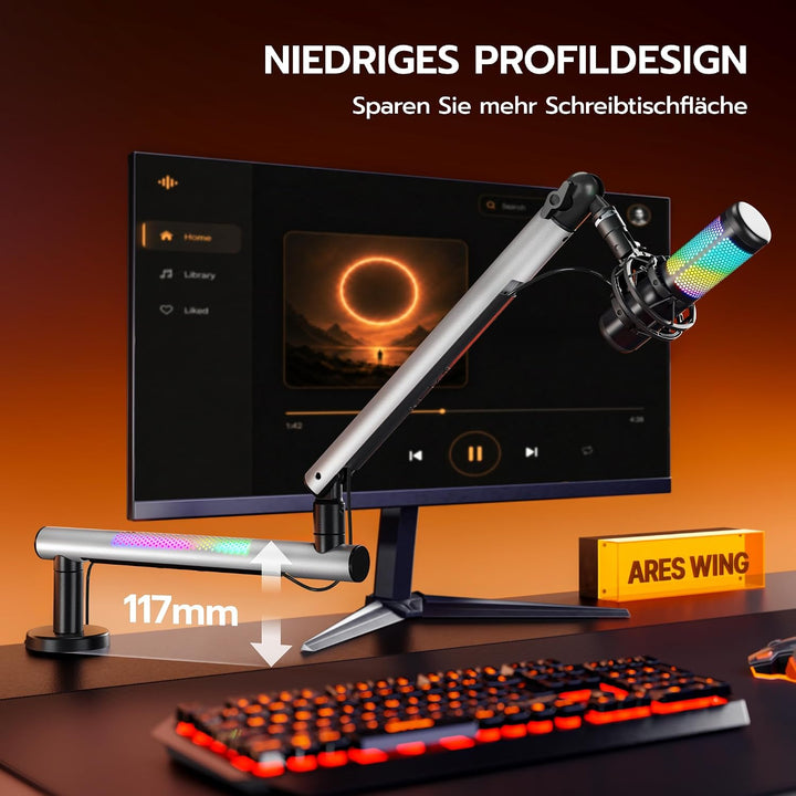 ARES WING Gaming Mikrofon Arm mit RGB Licht, Mikrofonständer mit 360° drehbarem Schwenkarm, kompatib
