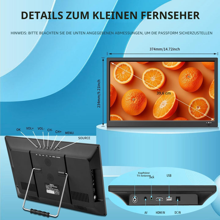 KCR Tragbarer Digitalfernseher, 12 V DVB-T2 TV, HDMI/AV/USB-Eingänge, Fernbedienung, 12 V Kfz-Ladege