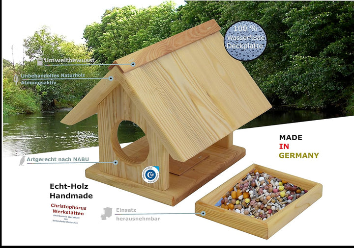 Handgefertiges Kiefernholz-Futterhaus mit ausziehbarem Futterkasten | Wetterfest | Garten, Balkon od