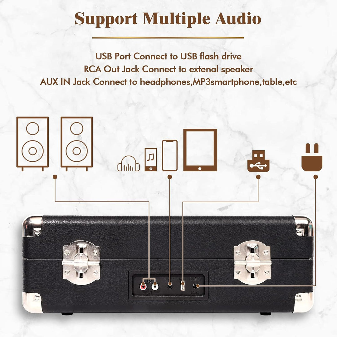 Voksun Bluetooth Record Player, Vinyl Turntable, Built-in Speaker, Belt Drive 33/45/78 RPM, Portable
