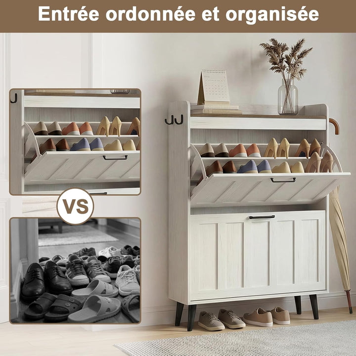 Schuhschrank Schmal mit 2 Klappschubladen, Landhausstil Schuhaufbewahrung für Flur Wohnzimmer, Kipps