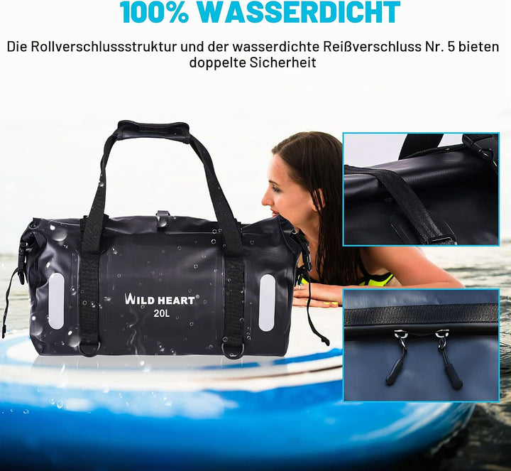 WILD HEART wasserdichte Tasche für Kajakfahren, Camping, Boot, Radfahren 20L 30L 40L 20 l Schwarz, 2